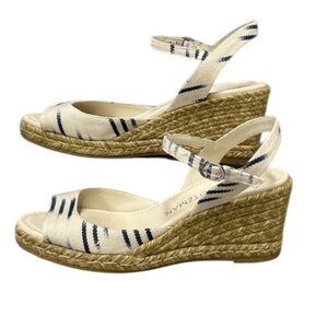 Stuart Weitzman Cream and Blue Mirela Espadrille Wedges Ikat Design
